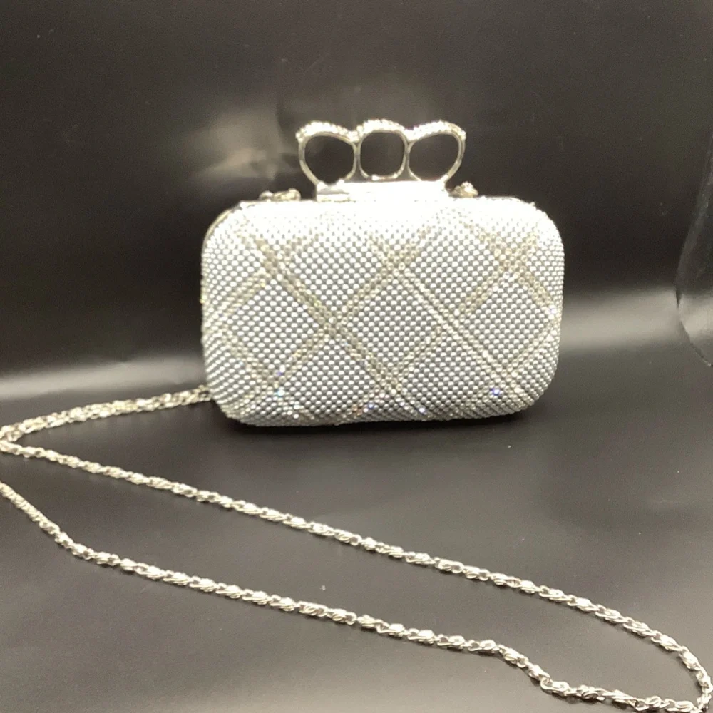 Crystal Embellished Knuckle Clutch Bag - Silver